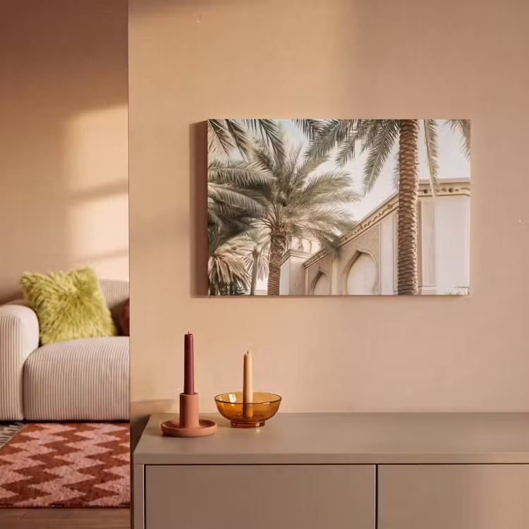 Gebouw - Palmbomen - Beige - Zon canvas 2cm klein -sfeer1