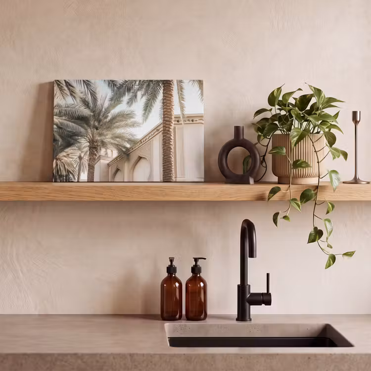 Gebouw - Palmbomen - Beige - Zon canvas 2cm klein -sfeer6