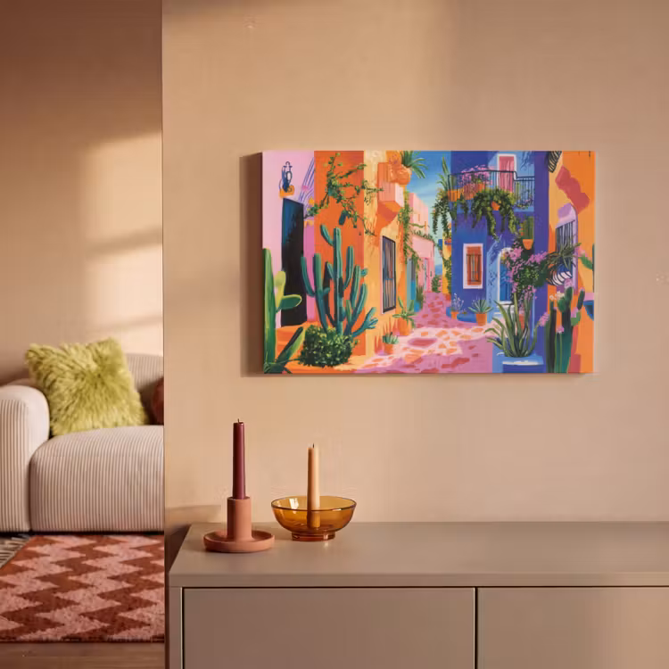 Geel - Blauw - Oranje - Huis canvas 2cm klein -sfeer1