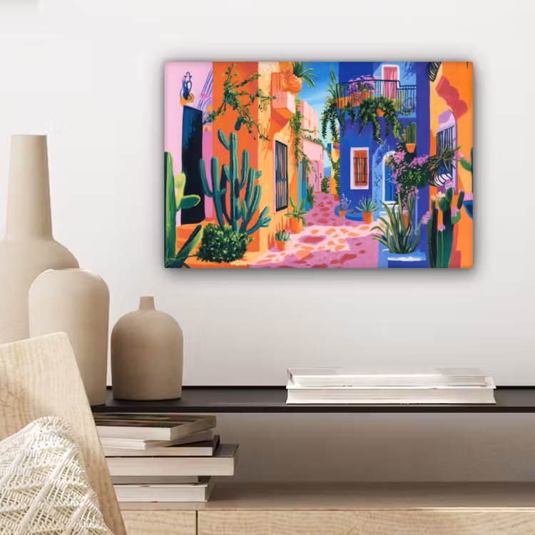 Geel - Blauw - Oranje - Huis canvas 2cm klein -sfeer6