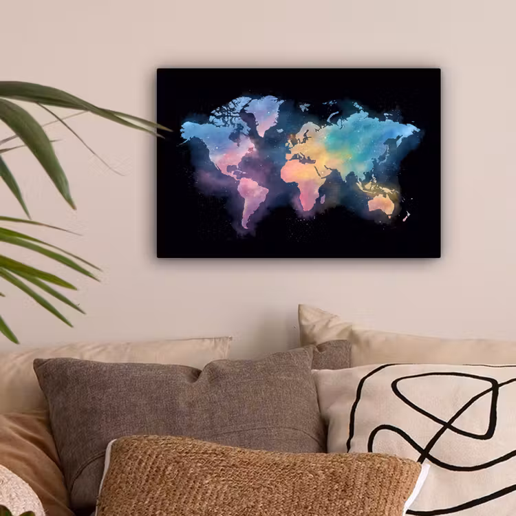 Geschilderd - Wereldkaart - Kleurrijk canvas 2cm klein -sfeer1