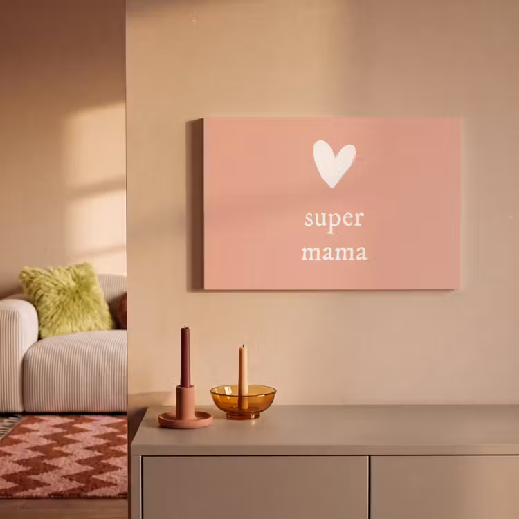 Presentje voor Moederdag super mama lichtroze/wit canvas 2cm klein -sfeer1
