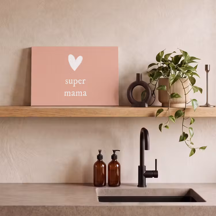 Presentje voor Moederdag super mama lichtroze/wit canvas 2cm klein -sfeer3