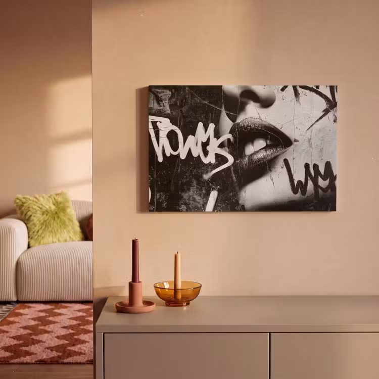 Gezicht - Mond - Graffiti - Zwart canvas 2cm klein -sfeer1