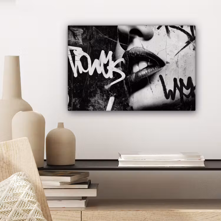 Gezicht - Mond - Graffiti - Zwart canvas 2cm klein -closeup_print_DE