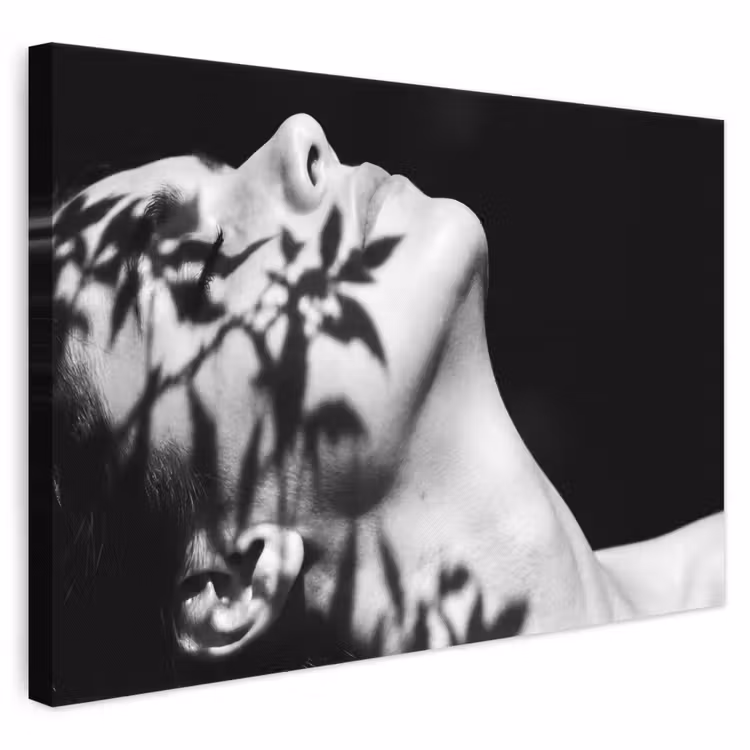 Gezicht - Schaduw - Bladeren - Zwart - Wit - Intiem canvas 2cm klein -3d