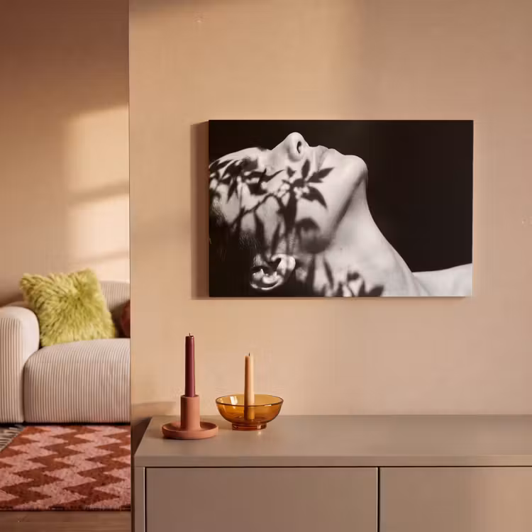 Gezicht - Schaduw - Bladeren - Zwart - Wit - Intiem canvas 2cm klein -sfeer1
