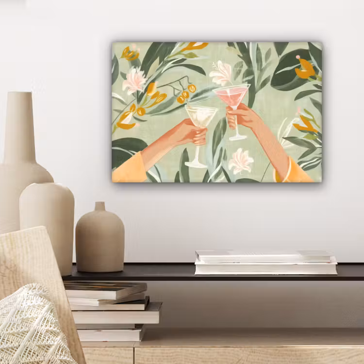 Glazen - Proosten - Bladeren - Groen canvas 2cm klein -sfeer6