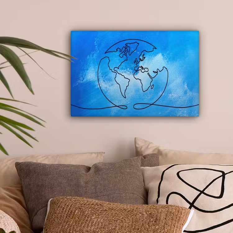 Wereldbol - Blauw - Lijn - Wereldkaart canvas 2cm klein -sfeer1