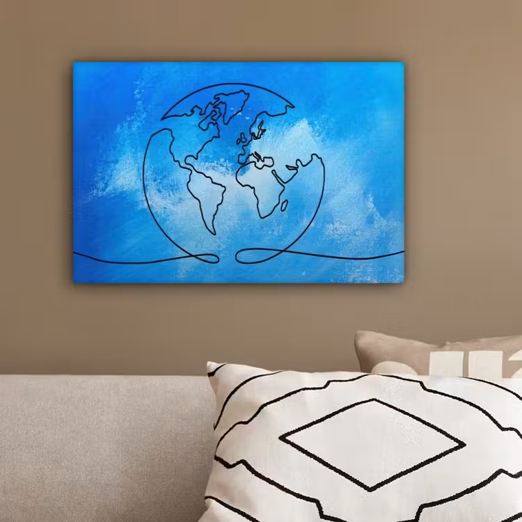 Wereldbol - Blauw - Lijn - Wereldkaart canvas 2cm klein -sfeer3