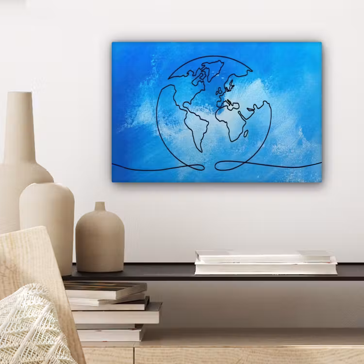 Wereldbol - Blauw - Lijn - Wereldkaart canvas 2cm klein -sfeer6