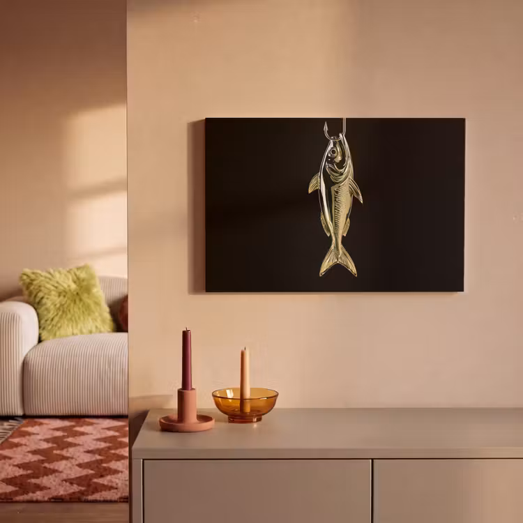 Goud - Vis - Haak - Zwart canvas 2cm klein -sfeer1