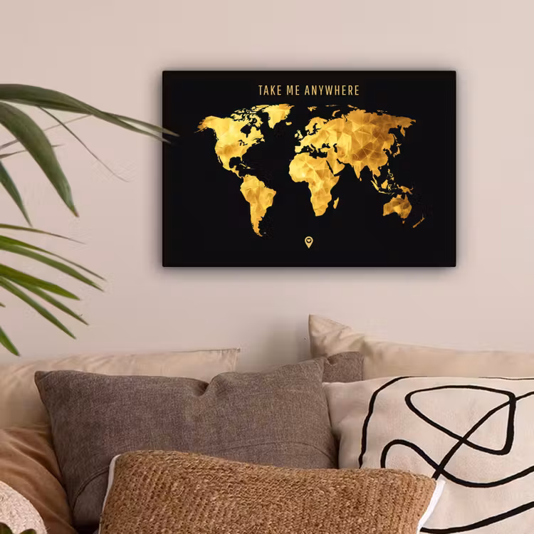 Goud - Wereldkaart - Quote canvas 2cm klein -sfeer1