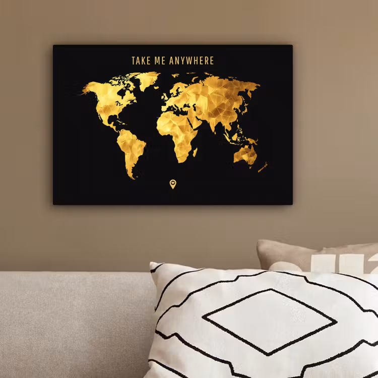 Goud - Wereldkaart - Quote canvas 2cm klein -sfeer3