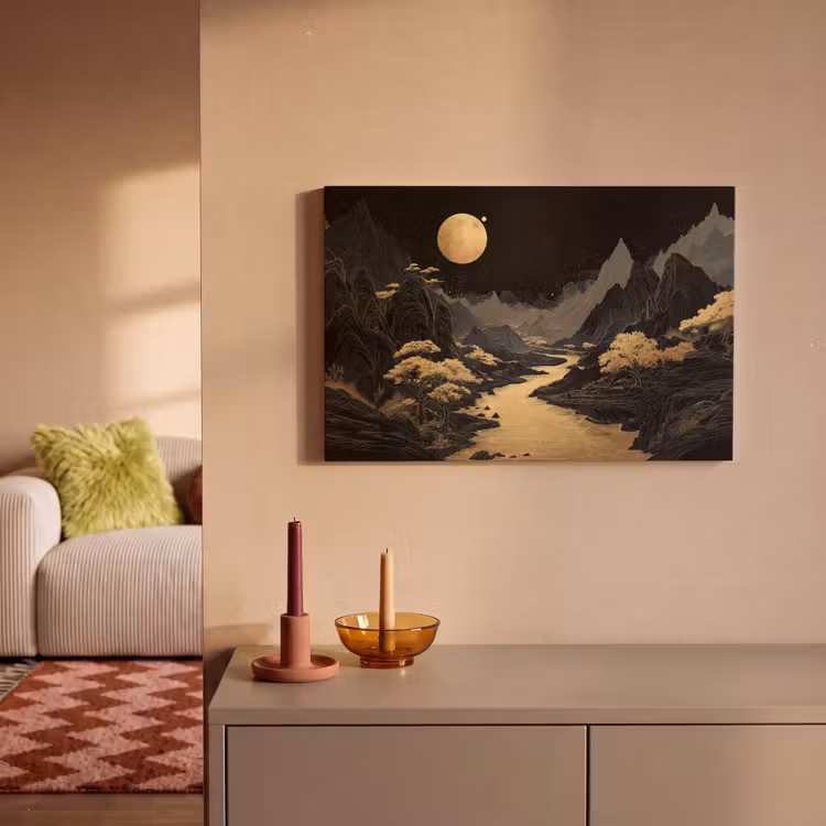 Gouden rivier - Bergen - Maan - Sterrenhemel canvas 2cm klein -sfeer1