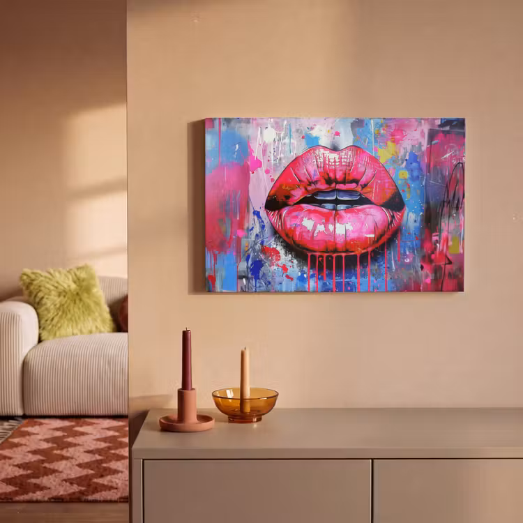 Graffiti - Lippen - Felroze - Geschilderd canvas 2cm klein -sfeer1