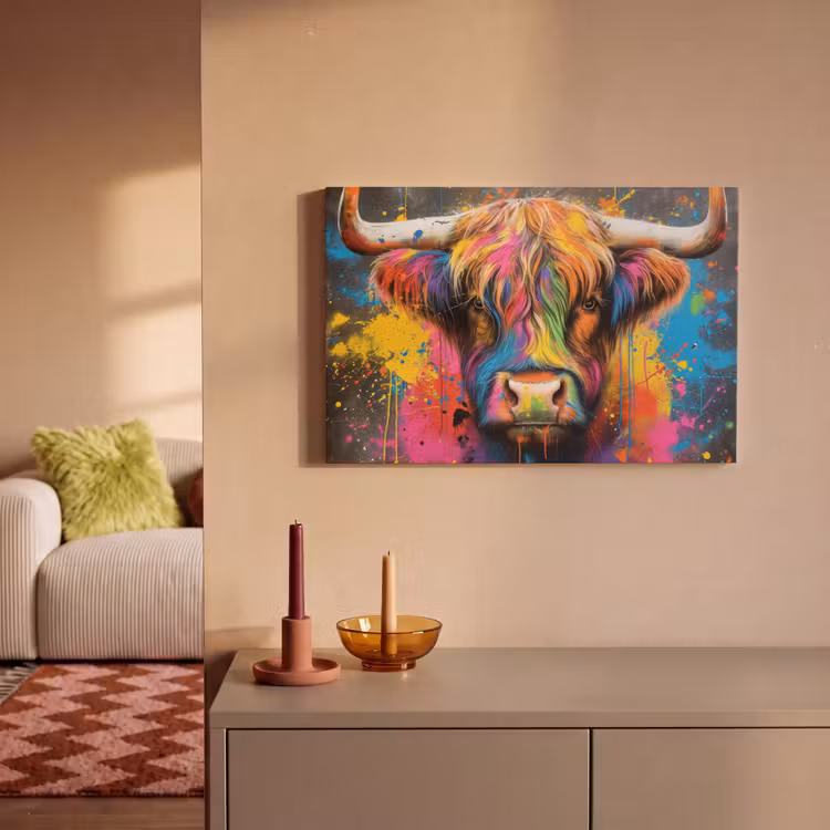 Graffiti - Schotse hooglander - Koe - Kleurrijk canvas 2cm klein -sfeer1