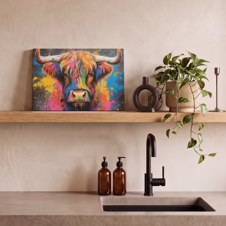 Graffiti - Schotse hooglander - Koe - Kleurrijk canvas 2cm klein -sfeer6