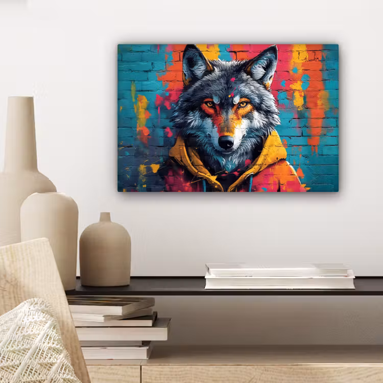 Graffiti - Wolf - Street art - Blauw canvas 2cm klein -sfeer6
