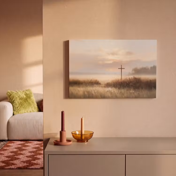 Gras - Ochtendnevel - Kruis - Christendom canvas 2cm klein -sfeer1