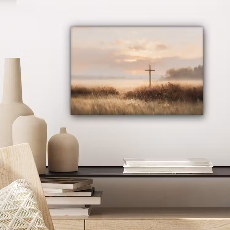 Gras - Ochtendnevel - Kruis - Christendom canvas 2cm klein -closeup_print_DE