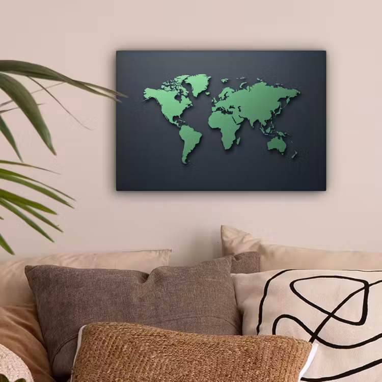 Grijs - Wereldkaart - Groen canvas 2cm klein -sfeer1