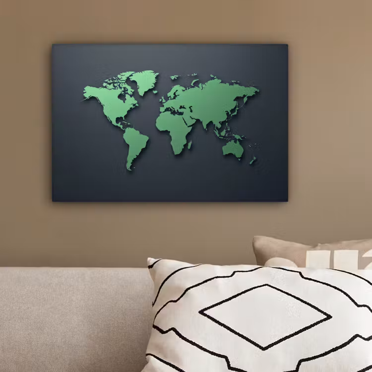 Grijs - Wereldkaart - Groen canvas 2cm klein -sfeer3