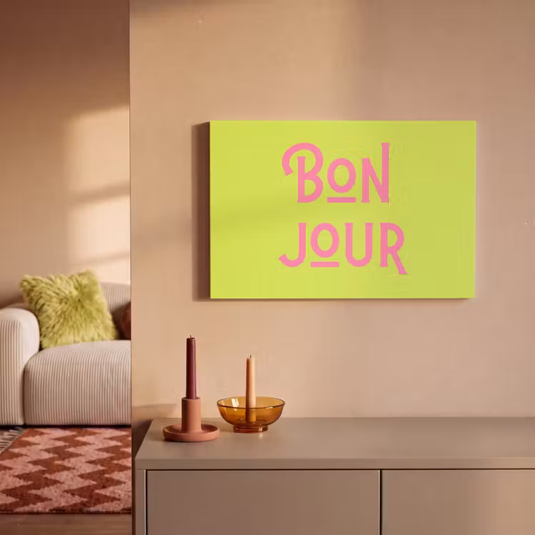 Groen - Roze - Bonjour - Art canvas 2cm klein -sfeer1