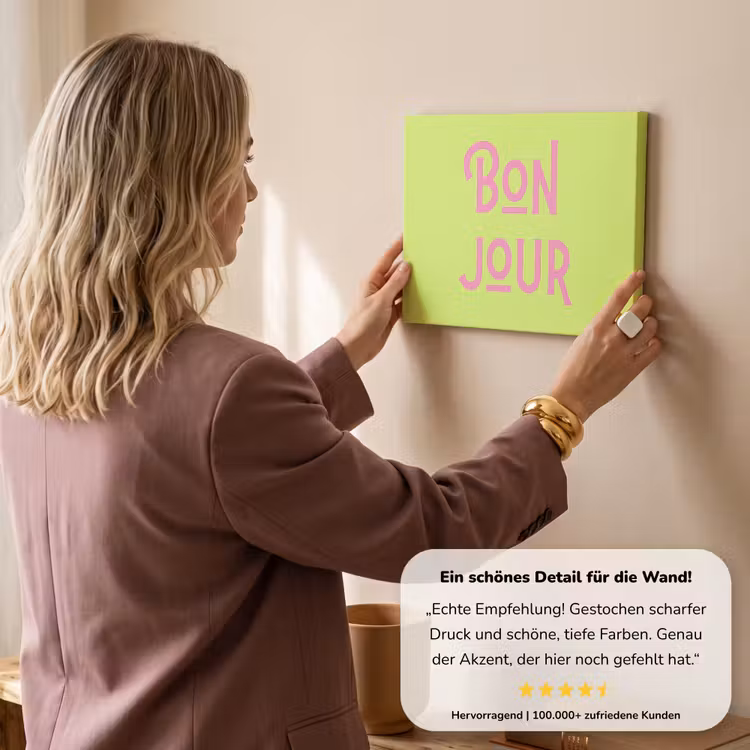 Groen - Roze - Bonjour - Art canvas 2cm klein -sfeer3