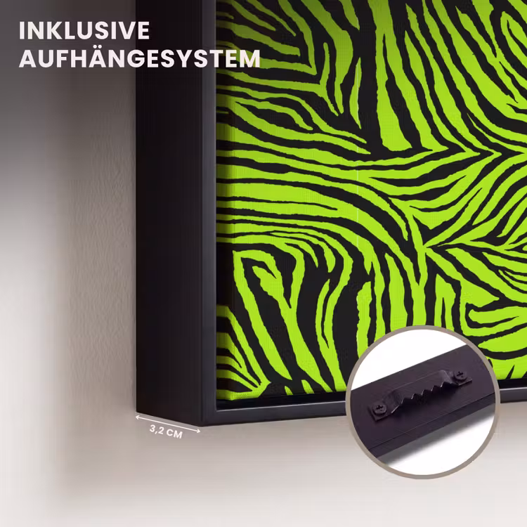 Groen - Zwart - Zebra Canvas met baklijst klein 1124 -closeup_ophangsysteem_DE