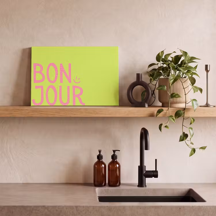 Groen - Smiley - Bonjour - Roze canvas 2cm klein -sfeer3