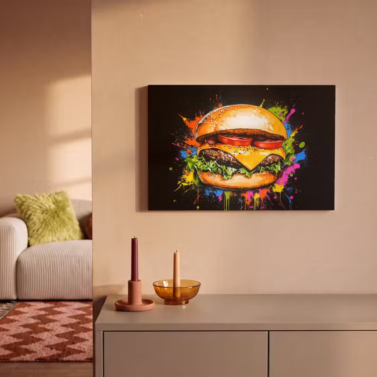 Hamburger - Graffiti - Verf - Kleurrijk - Eten - Abstract canvas 2cm klein -sfeer1