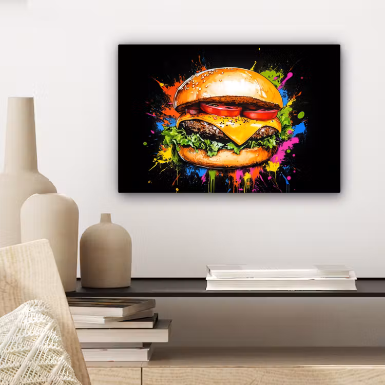 Hamburger - Graffiti - Verf - Kleurrijk - Eten - Abstract canvas 2cm klein -sfeer6