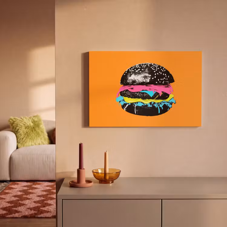 Hamburger - Oranje - Neon - popart canvas 2cm klein -sfeer1