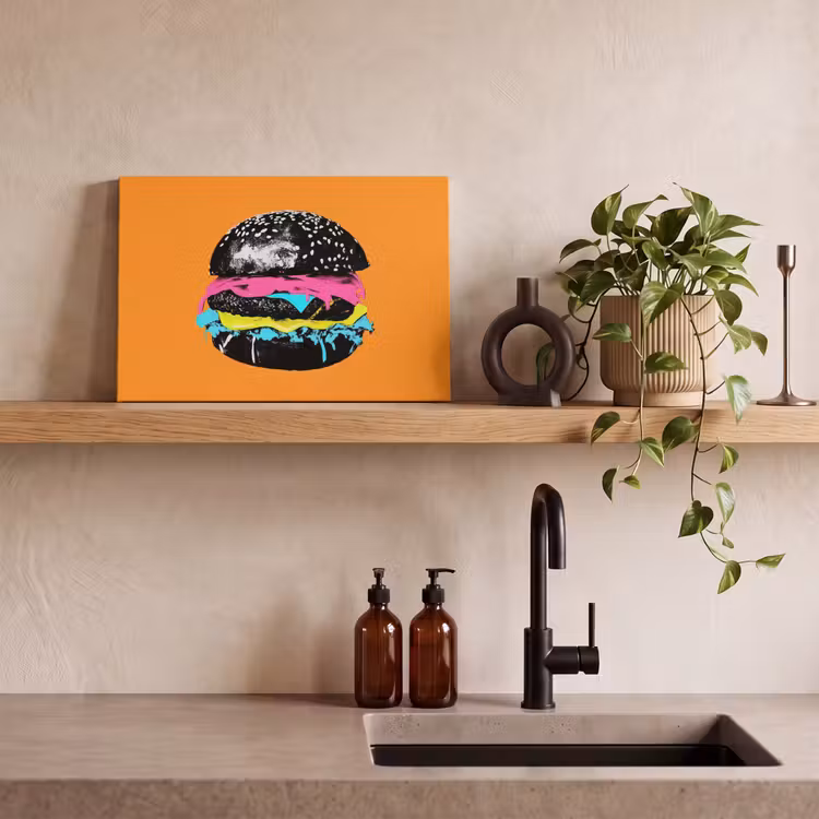 Hamburger - Oranje - Neon - popart canvas 2cm klein -sfeer3