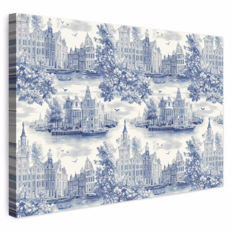 Huizen - Bomen - Water - Vogels - Blauw canvas 2cm klein 34 -3d