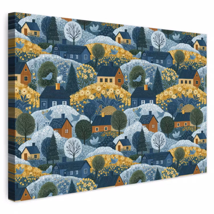 Huisjes - Bloemen - Patroon - Geel - Blauw canvas 2cm klein 34 -3d