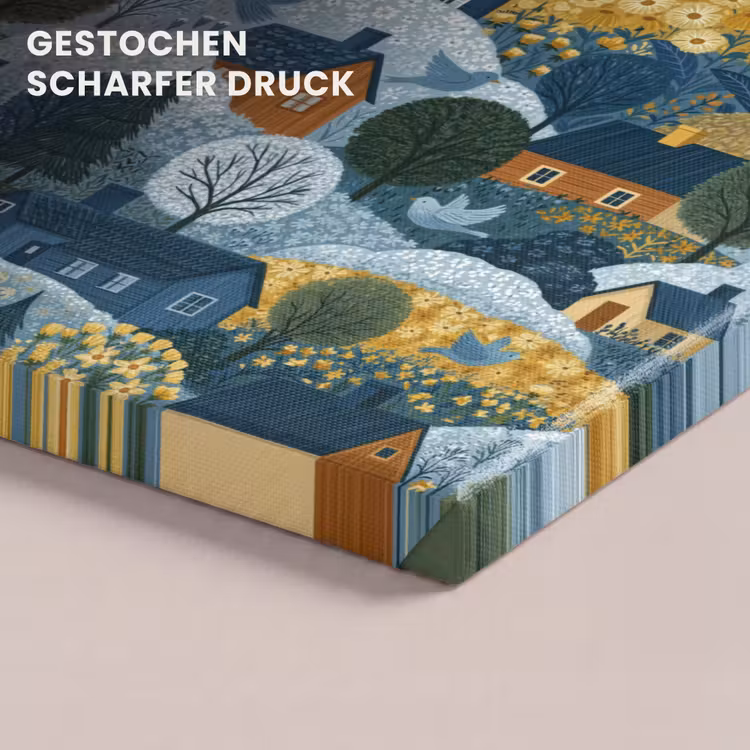 Huisjes - Bloemen - Patroon - Geel - Blauw canvas 2cm klein 34 -closeup_print_DE