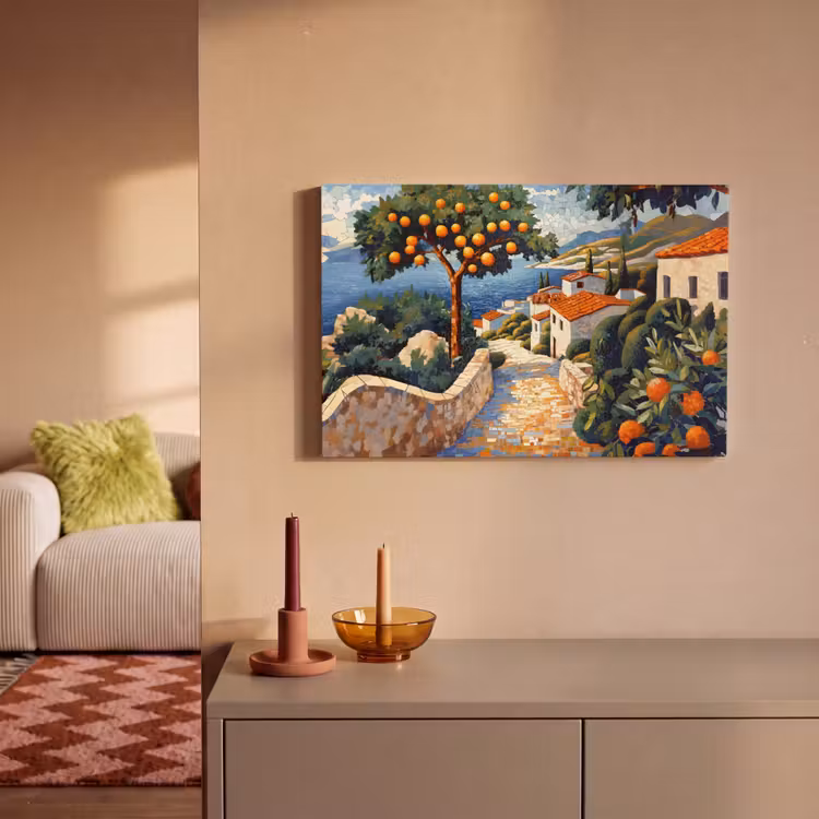 Huizen - Mozaïek - Sinaasappelbomen - Zee canvas 2cm klein -sfeer1