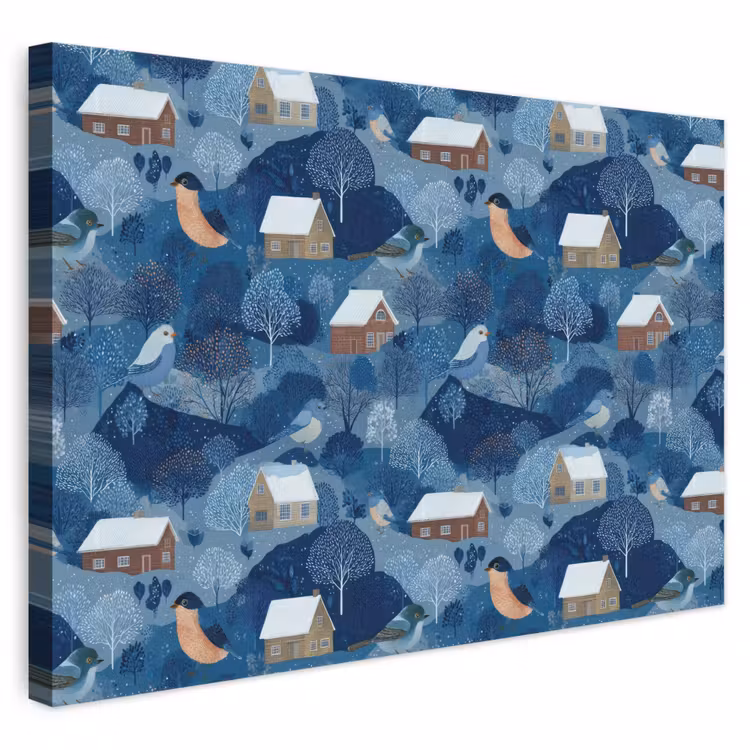 Huisjes - Vogels - Sneeuw - Winter - Blauw canvas 2cm klein 34 -3d