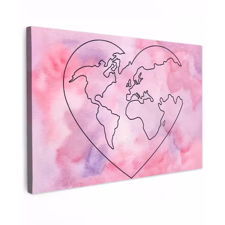 Hart - Roze - Wereldkaart canvas 2cm klein -z3d