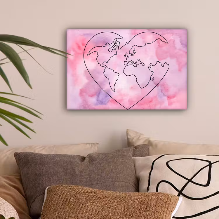 Hart - Roze - Wereldkaart canvas 2cm klein -sfeer1