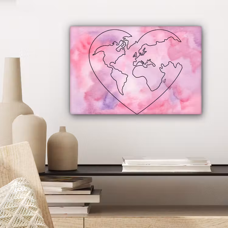 Hart - Roze - Wereldkaart canvas 2cm klein -sfeer6
