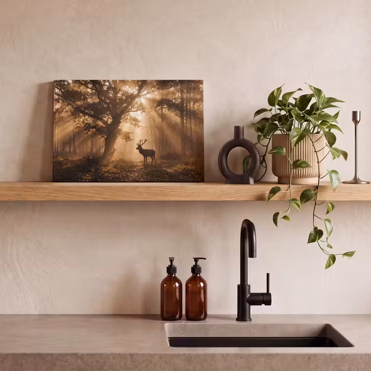 Hert - Bos - Mistig - Natuur - Goud canvas 2cm klein -closeup_print_DE