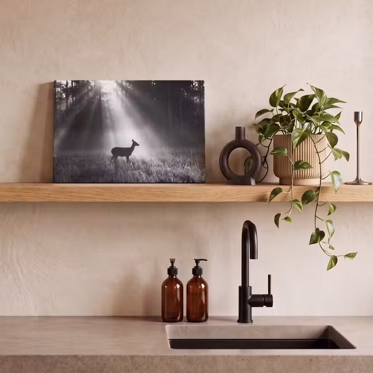 Hert - Bos - Zonnestralen - Zwart-wit - Natuur canvas 2cm klein -sfeer3