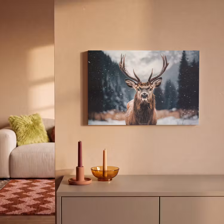 Hert - Winter - Hertenkop - Sneeuw - Gewei canvas 2cm klein -sfeer1