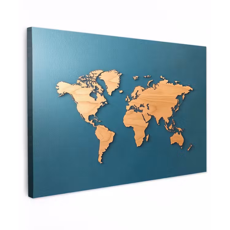 Hout - Blauw - Wereldkaart canvas 2cm klein -z3d