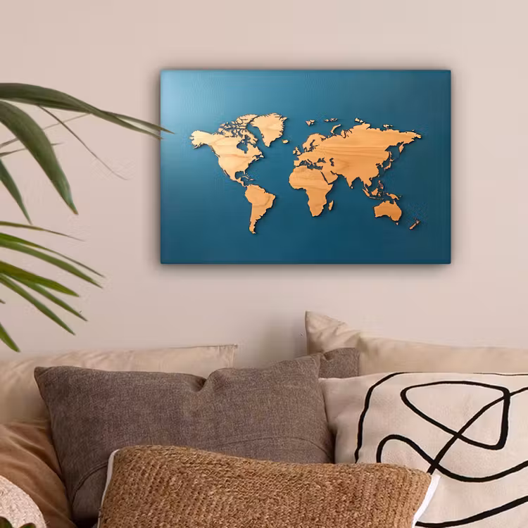 Hout - Blauw - Wereldkaart canvas 2cm klein -sfeer1