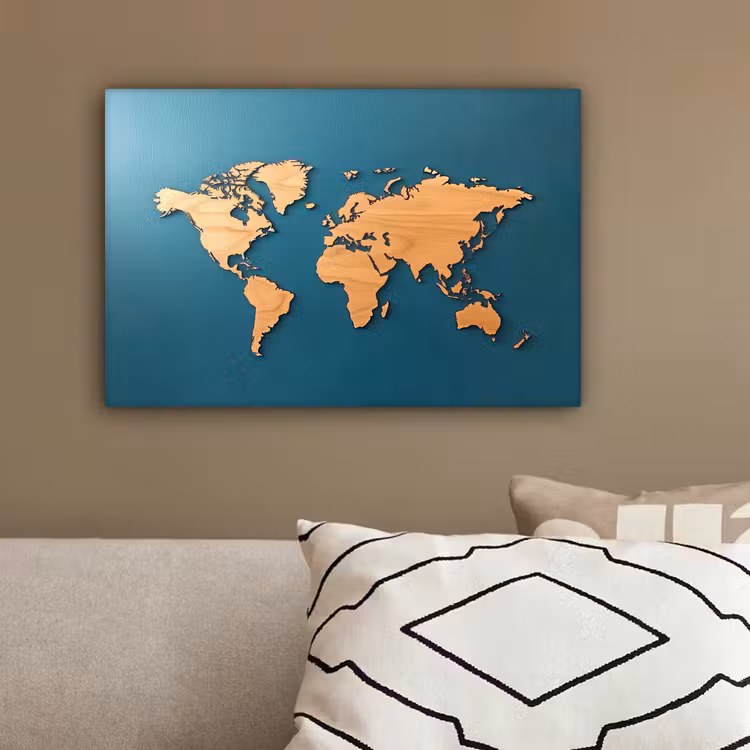 Hout - Blauw - Wereldkaart canvas 2cm klein -sfeer3
