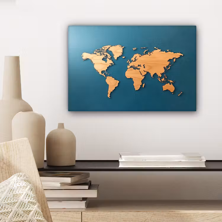 Hout - Blauw - Wereldkaart canvas 2cm klein -sfeer6